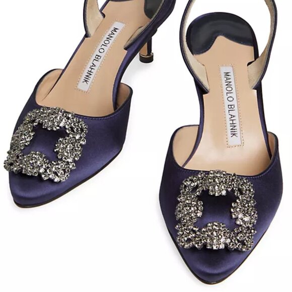 NEW$1295 Manolo Blahnik Hangisli 50 Satin Jewel Buckle Slingback Pump Low Heel 7 - Picture 5 of 16